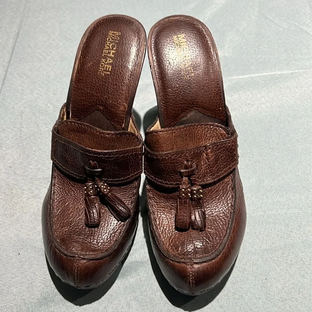 Michael Kors Wooden High Heel Clogs real leather‎ Size 8. B56